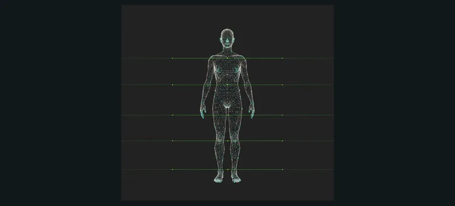 Wireframe human figure on a dark background