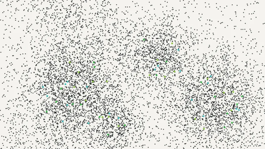 A dense field of data points forming waves and clusters