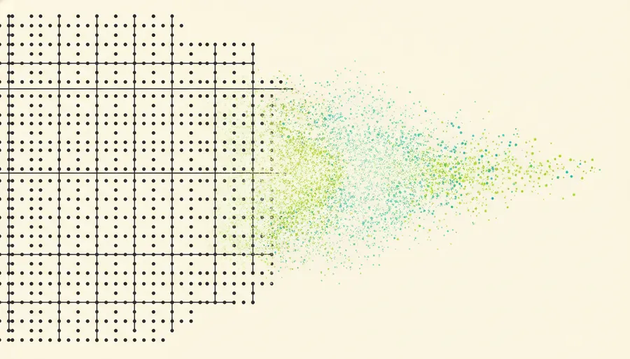 A grid of data points dissolving into generated particles