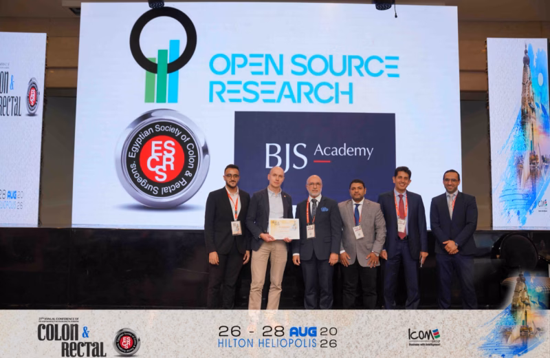Speakers and organisers of the BJS-OSRC session on stage at the 27th Annual Conference of the Egyptian Society of Colon and Rectal Surgeons