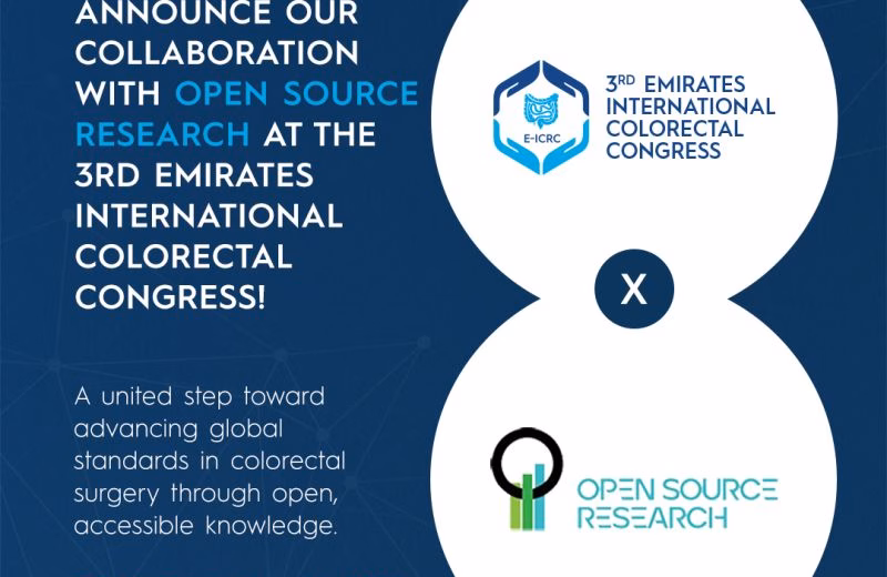 Poster announcing the collaboration between the 3rd Emirates International Colorectal Congress and Open Source Research, 14-16 November 2025, Raffles Hotel, Dubai