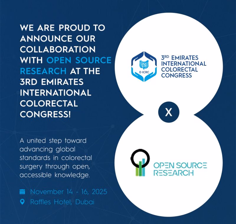 Poster announcing the collaboration between the 3rd Emirates International Colorectal Congress and Open Source Research, 14-16 November 2025, Raffles Hotel, Dubai